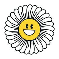 Groovy daisy flowers face collection. Retro chamomile smiles in cartoon style. Happy stickers set from 70s. Vector graphic illustration