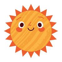 Sun character in cute style, face with a sticker. Sunshine with a smile for kids, doodled in a happy and fun way. Flat vector illustrations isolated in background.
