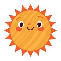 Sun character in cute style, face with a sticker. Sunshine with a smile for kids, doodled in a happy and fun way. Flat vector illustrations isolated in background.