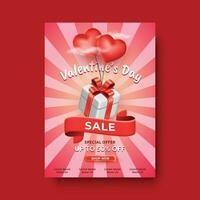 contento San Valentín día póster romántico rebaja oferta concepto, hermosa fondo con corazones globo y regalo caja ornamento vector