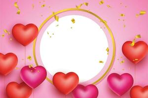 valentine's day background template with empty white circle for text and realistic hearts ornament vector