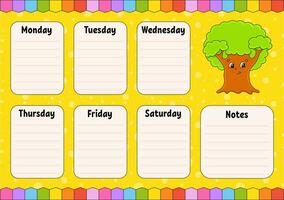 School schedule. Timetable for schoolboys. Empty template. Weekly planer with notes. Isolated color vector illustration. cartoon character.