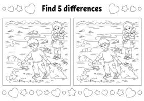 Find five differences. Coloring page for kids. Activity worksheet for children. Vector illustration isolated on white background.