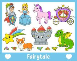 Set of stickers with cute cartoon characters. Fantasy clipart. Hand drawn. Colorful pack. Vector illustration. Patch badges collection for kids. For daily planner, organizer, diary.