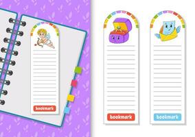 Set of paper bookmarks for books with cute cartoon characters. For kids. Isolated on white background. Vector illustration.