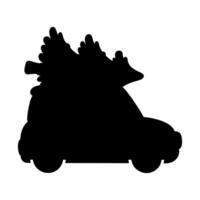 Black silhouette. Design element. Vector illustration isolated on white background. The car is carrying a Christmas tree. Template for books, stickers, posters, cards, clothes.