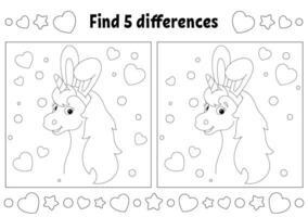 Find five differences. Coloring page for kids. Activity worksheet for children. Vector illustration isolated on white background.