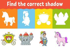 Find the correct shadow. Education worksheet. Matching game for kids. Fairytale theme. Color activity page. Puzzle for children. Cartoon character. Isolated vector illustration.