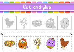 Cut and play. Paper game with glue. Flash cards. Education worksheet. Activity page. Scissors practice. Vector illustration.