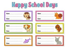 Bright stickers. Name and class. Back to school labels. Set stickers for notebook. Rectangular label. Color vector isolated illustration.