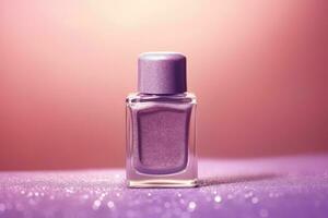 Ai Generative Photo of a purple nail polish bottle on purple glitter background