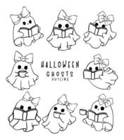 adorable pink Halloween ghosts in a retro, kawaii cartoon doodle outline style collection. vector