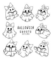 adorable pink Halloween ghosts in a retro, kawaii cartoon doodle outline style collection. vector