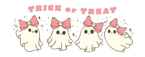 Cute Kawaii Pink Halloween Ghost Cartoon Character Doodle Vector Illustration Banner