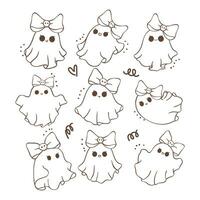 Cute Kawaii Halloween Ghost Cartoon Doodle outline Drawing Collection. vector