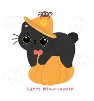 linda bruja negro gato Víspera de Todos los Santos en calabaza dibujos animados. travieso gatito animal ilustración. vector