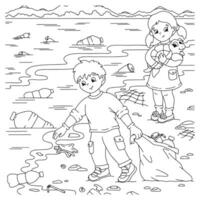 Children clean up the ocean coast from garbage. The problem of ecology. Ocean plastic pollution. Coloring book page for kids. Cartoon style character. Vector illustration isolated on white background.
