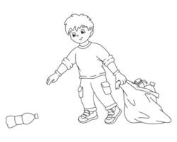 The boy puts the garbage in the trash bag. Coloring page for kids. Digital stamp. Cartoon style character. Vector illustration isolated on white background.