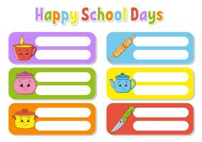 School labels for books and notebooks. Bright stickers. Rectangular label. Vector illustration.