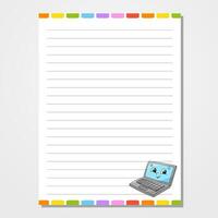 Sheet template for notebook, notepad, diary. Lined paper. Cute character. With a color image. Isolated vector illustration. cartoon style.