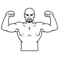 Bodybuilder strong man. Outline silhouette. Design element. Vector illustration isolated on white background. Template for books, stickers, posters, cards, clothes.