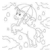 A unicorn walks in the sky in the rain with an umbrella. Coloring book page for kids. Cartoon style character. Vector illustration isolated on white background.