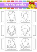 Draw the emotion. Worksheet complete the face. Coloring book for kids. Cheerful character. Vector illustration. Black contour silhouette. Vector illustration.
