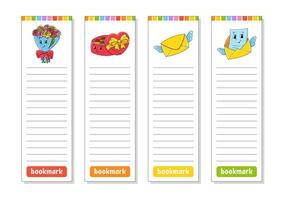 Set of paper bookmarks for books with cute cartoon characters. For kids. Isolated on white background. Vector illustration.