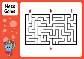 Rectangle maze. Game for kids. Three entrances, one exit. Education worksheet. Puzzle for children. Labyrinth conundrum. Find the right path. cartoon character. Vector illustration.