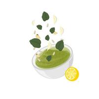 pesto salsa con albahaca hojas en un cuenco ilustración logo vector