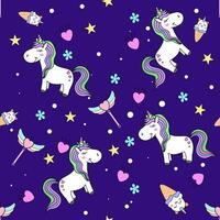 linda dibujos animados unicornio decorativo elemento en púrpura antecedentes estilo para niños, para niños tela patrones, fondo de pantalla, regalo envase papel vector