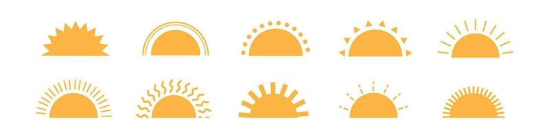 Half sun icon with decorative rays, sunrise and sunset.Flat vector illustration isolated on white background.