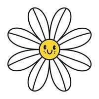Groovy daisy flowers face collection. Retro chamomile smiles in cartoon style. Happy stickers set from 70s. Vector graphic illustration