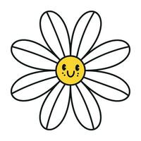 Groovy daisy flowers face collection. Retro chamomile smiles in cartoon style. Happy stickers set from 70s. Vector graphic illustration