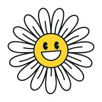 Groovy daisy flowers face collection. Retro chamomile smiles in cartoon style. Happy stickers set from 70s. Vector graphic illustration