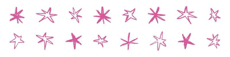 mano dibujado grunge estrella forma, con áspero cepillo golpes y rociar efectos en rosado. Clásico textura y gredoso Escribiendo. plano vector ilustración aislado en blanco antecedentes.
