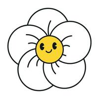 Groovy daisy flowers face collection. Retro chamomile smiles in cartoon style. Happy stickers set from 70s. Vector graphic illustration