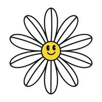 Groovy daisy flowers face collection. Retro chamomile smiles in cartoon style. Happy stickers set from 70s. Vector graphic illustration