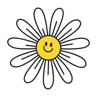 Groovy daisy flowers face collection. Retro chamomile smiles in cartoon style. Happy stickers set from 70s. Vector graphic illustration