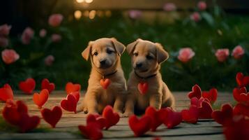 A beautifull and lot of puppys with heart and with gifts photo