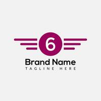 Wing Logo On Letter 6 Template. Wing On 6 Letter, Initial Wing Sign Concept Template vector