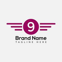 Wing Logo On Letter 9 Template. Wing On 9 Letter, Initial Wing Sign Concept Template vector