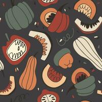 Seamless vector pattern with bright pumpkins on a dark background. Cartoon design.