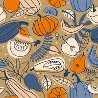 Seamless vector pattern with bright pumpkins on a brown background. Cartoon design.