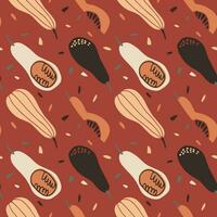 Seamless vector pattern with bright pumpkins on a burgundy  background. Cartoon design.