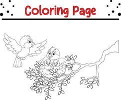 birds with her two babies nest coloring page. black and white vector illustration for a coloring book.