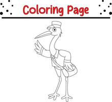 Cute white stork Bird coloring page. black and white vector illustration for a coloring book.