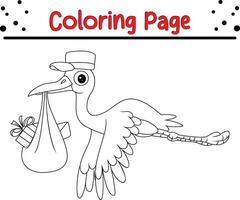 Cute stork carrying Bird coloring page. black and white vector illustration for a coloring book.