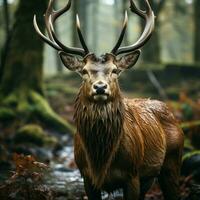 Beautiful red deer stag in the forest. Wildlife scene from nature photo