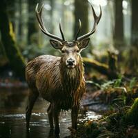 Beautiful red deer stag in the forest. Wildlife scene from nature photo